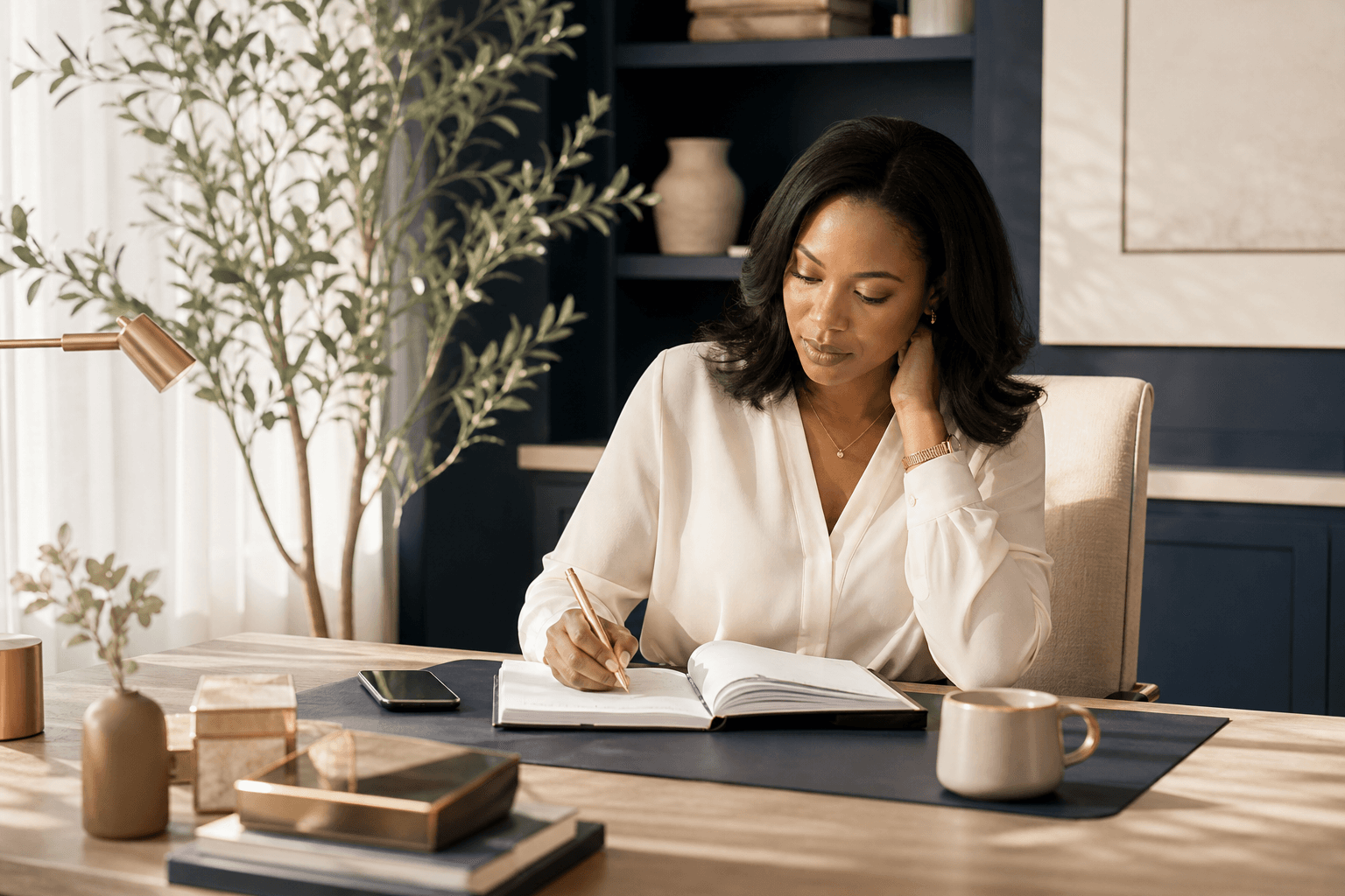 Professional preparing to respond to a client enquiry in a polished workspace