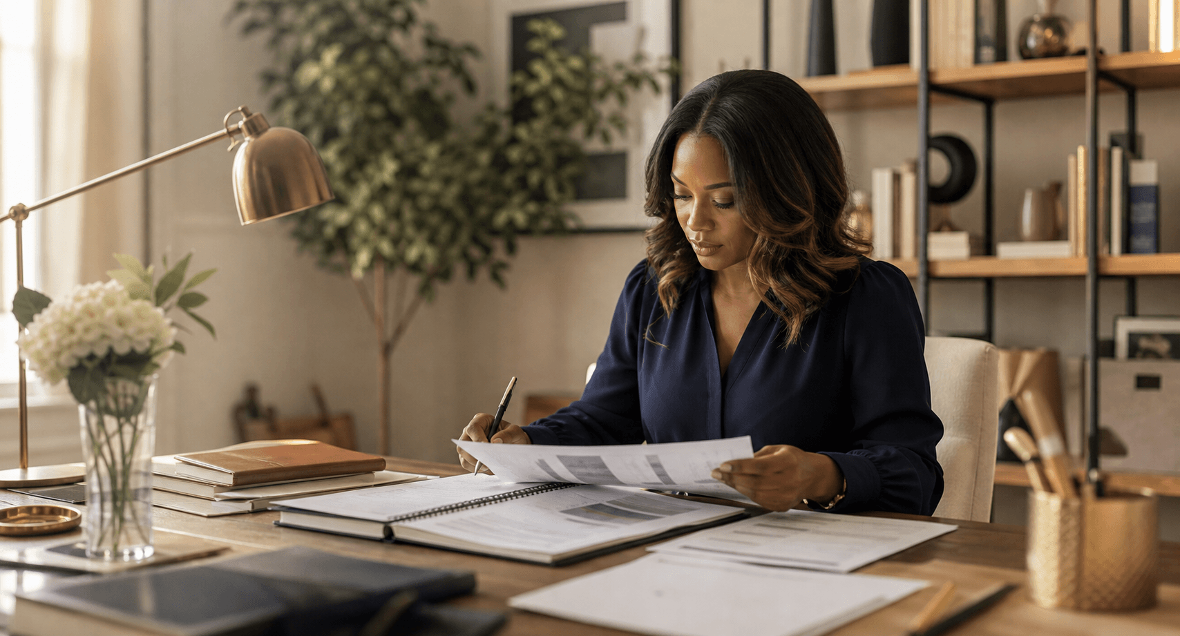 Professional reviewing personal brand materials in a refined workspace